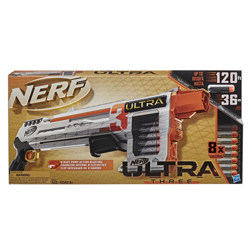 NERF Ultra Three Blaster, Pump-Action, 8-Dart Internal Clip, 8 Ultra Darts, Compatible Only Ultra Darts